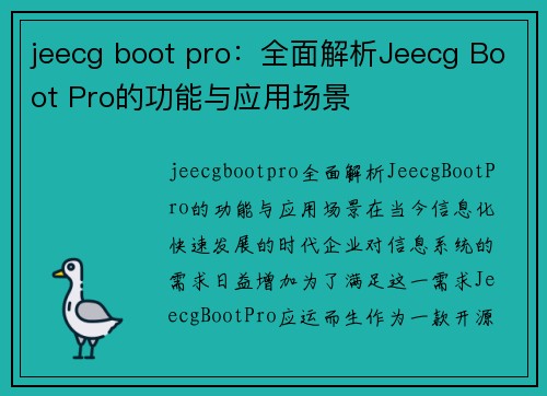 jeecg boot pro：全面解析Jeecg Boot Pro的功能与应用场景